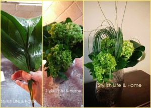 simple contemporary green flower arrangement diy hydrangea banana leaf